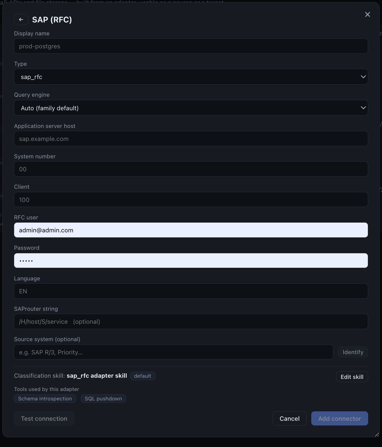 The SAP R/3 connection form