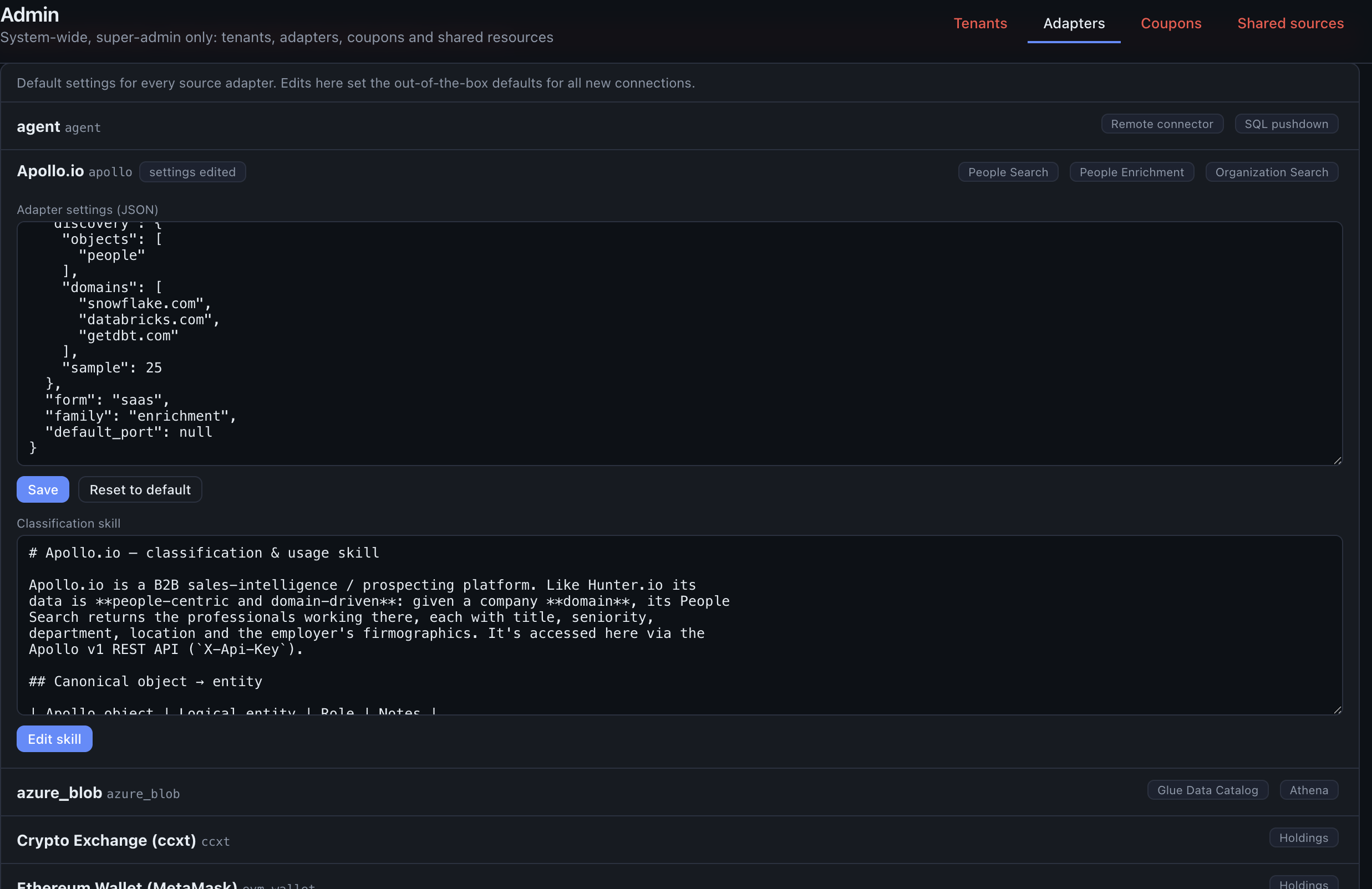 Admin → Adapters: edit an adapter's skill and settings
