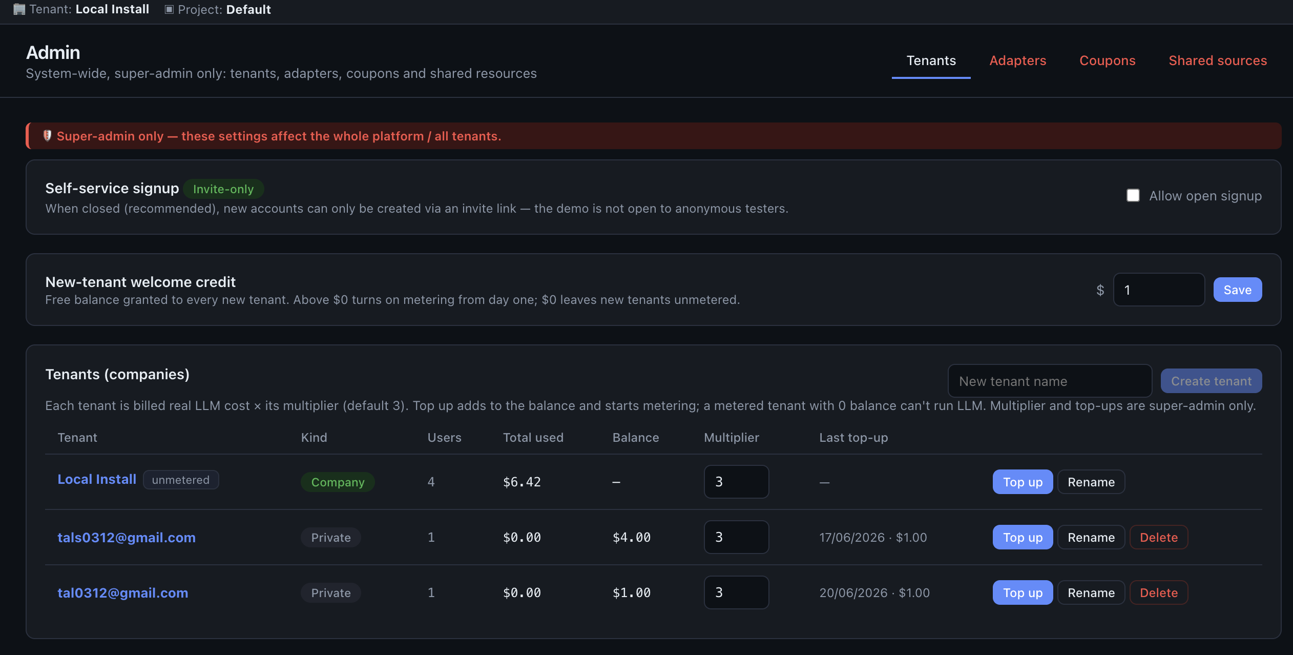 Admin → Tenants: budgets, multipliers and top-ups