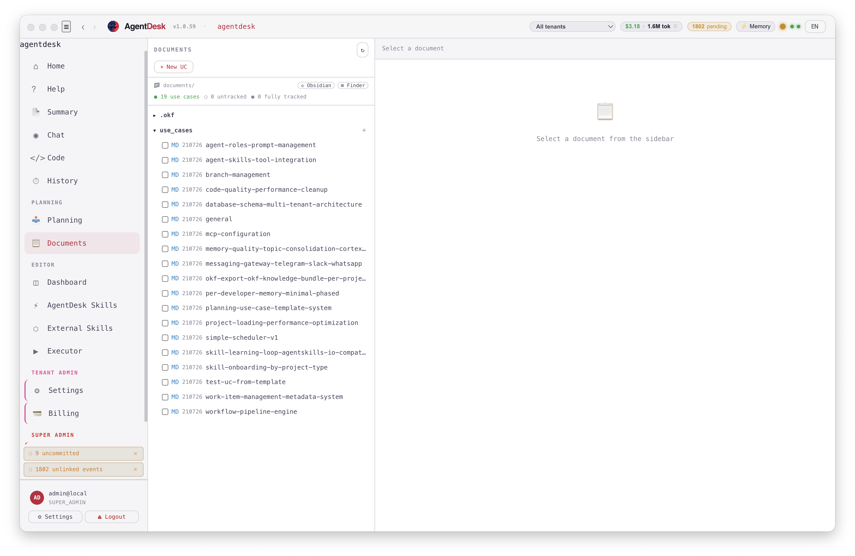 AgentDesk Documents view showing the read-only .okf folder beside editable use cases