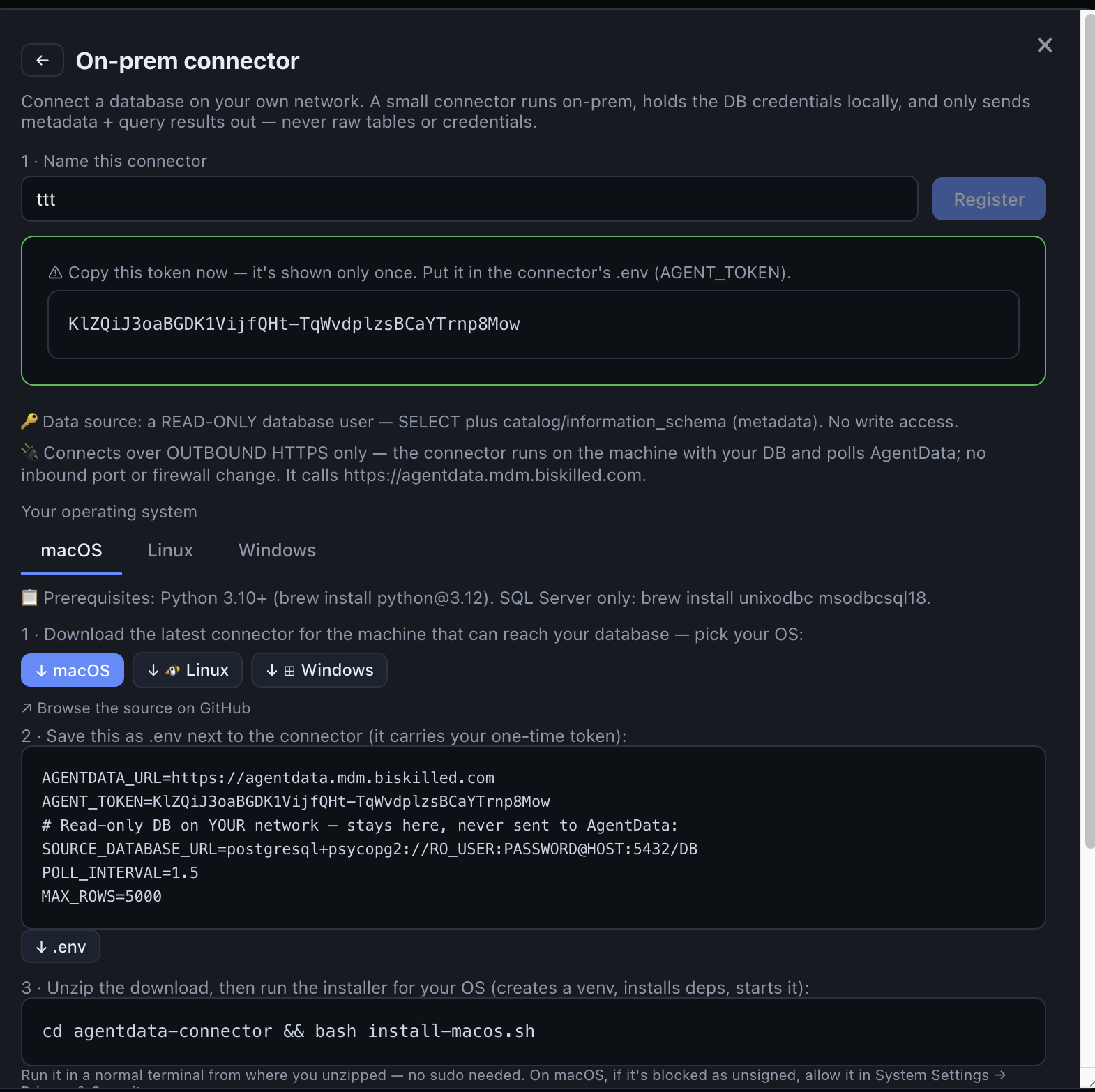 Installing the on-prem connector