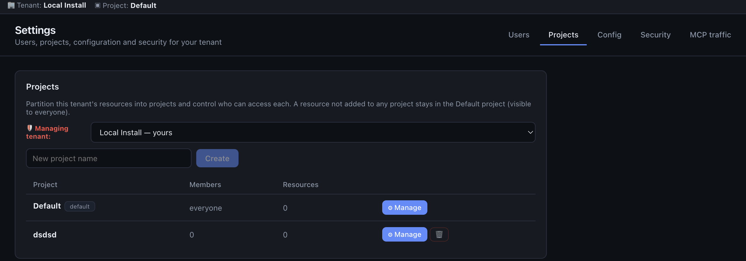 Projects: partitioning a tenant's resources