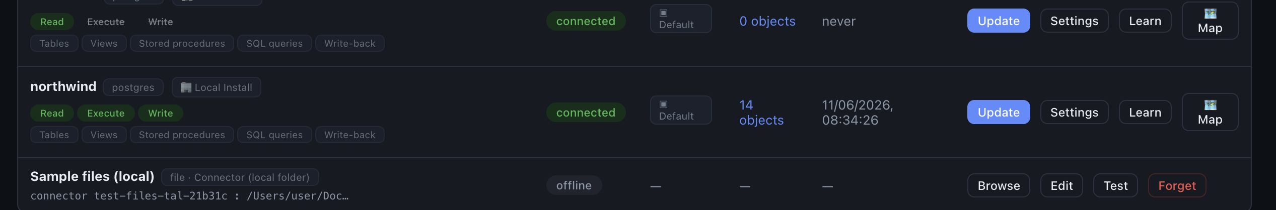 Read / execute / write capability pills on a source