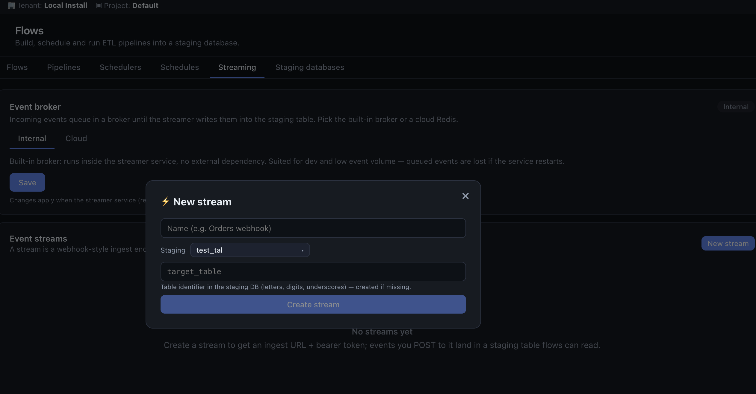 Configuring an event stream and its broker